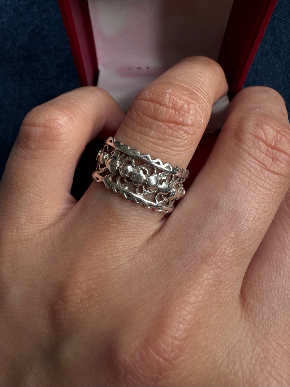 Vintage Israel 925 Sterling Silver Wide Filigree Openwork Band Ring Size 5